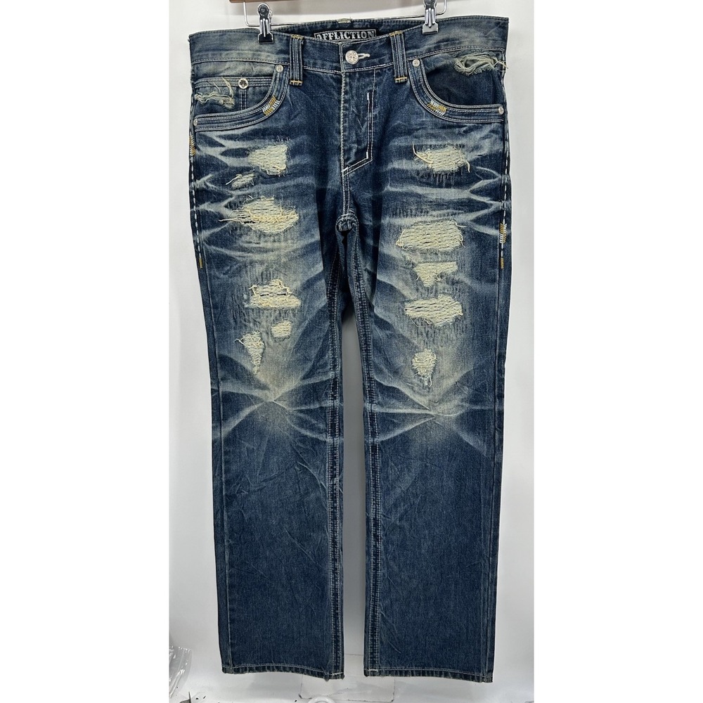 Affliction Blake Distressed Blue Denim Jeans Straight Front Men's Size 36/34